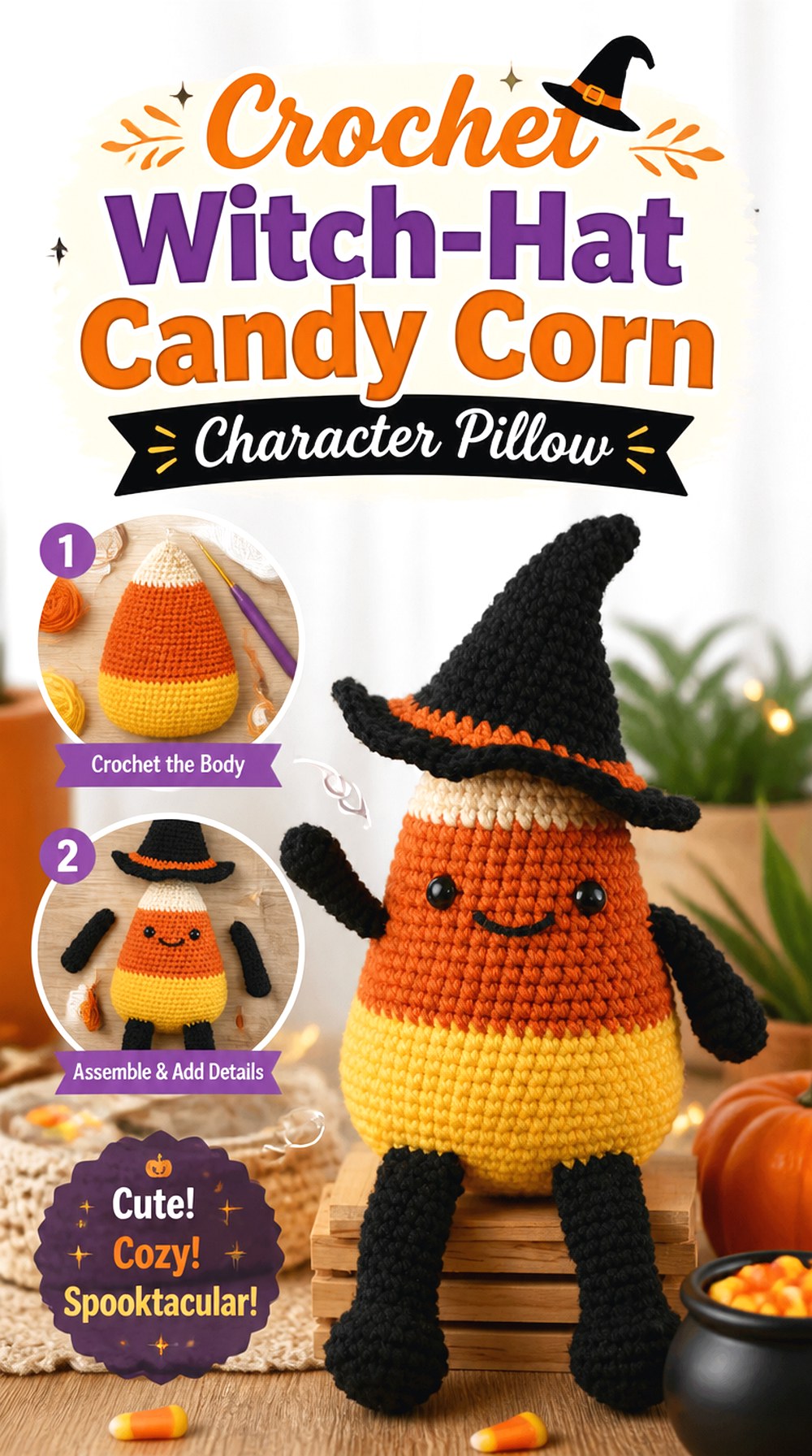 Crochet Witch Hat Candy Corn Character Pillow
