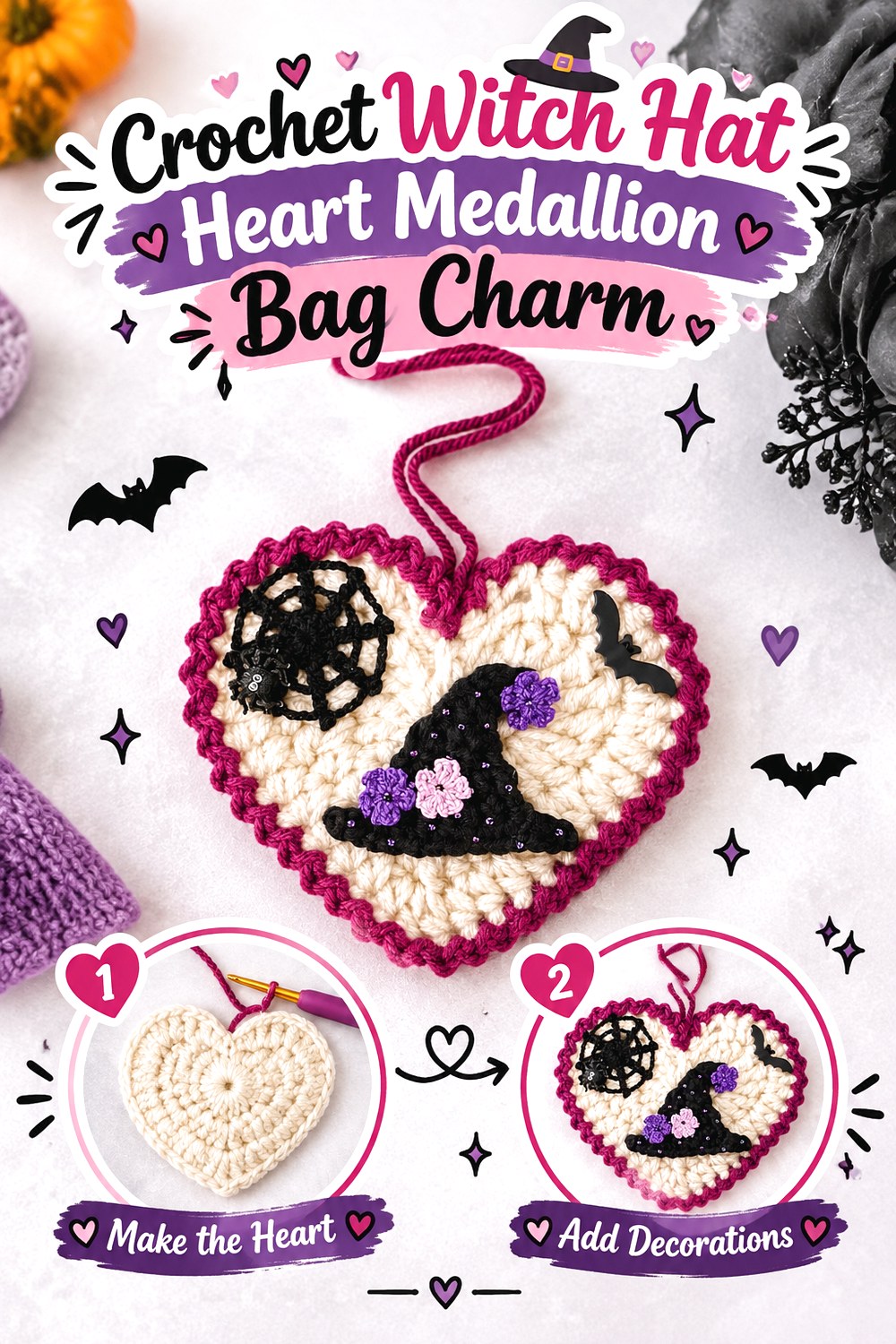 Crochet Witch Hat Heart Medallion Bag Charm