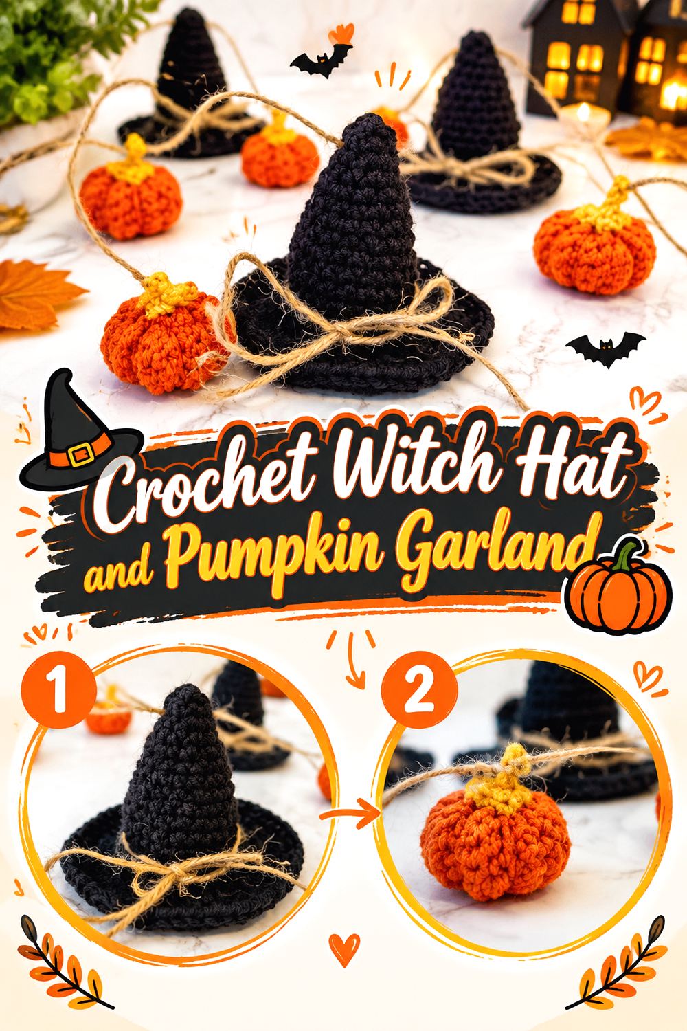 Crochet Witch Hat and Pumpkin Garland