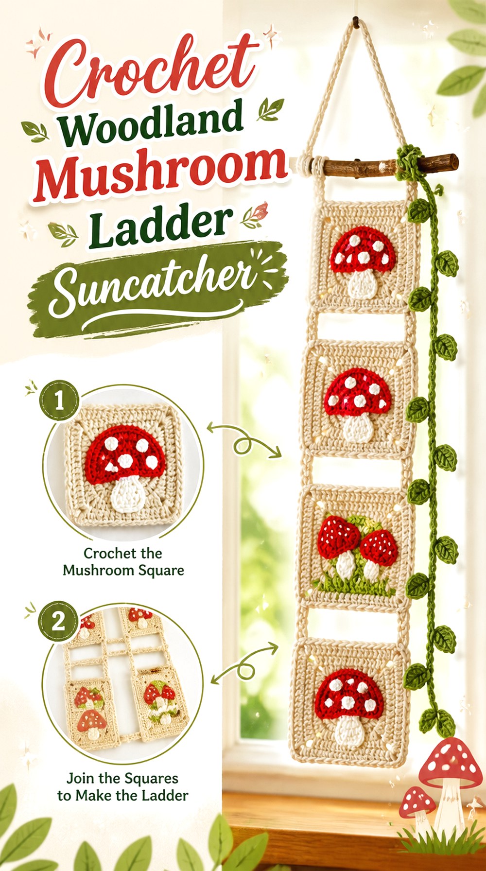 Crochet Woodland Mushroom Ladder Suncatcher
