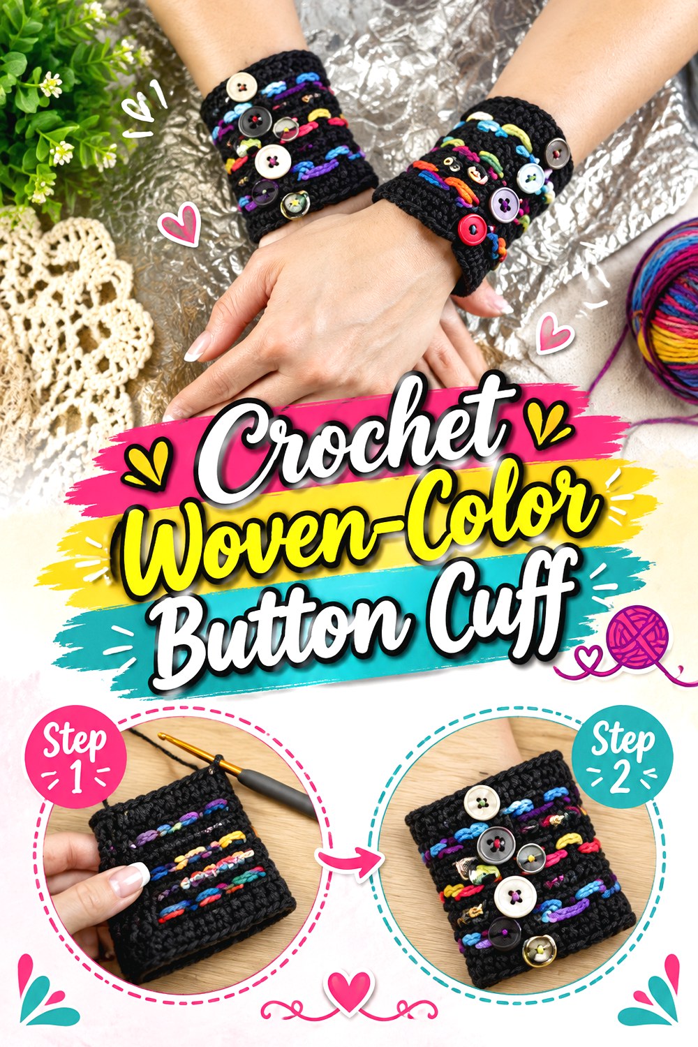 Crochet Woven Color Button Cuff
