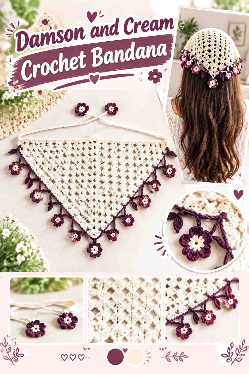 16. Damson And Cream Crochet Bandana