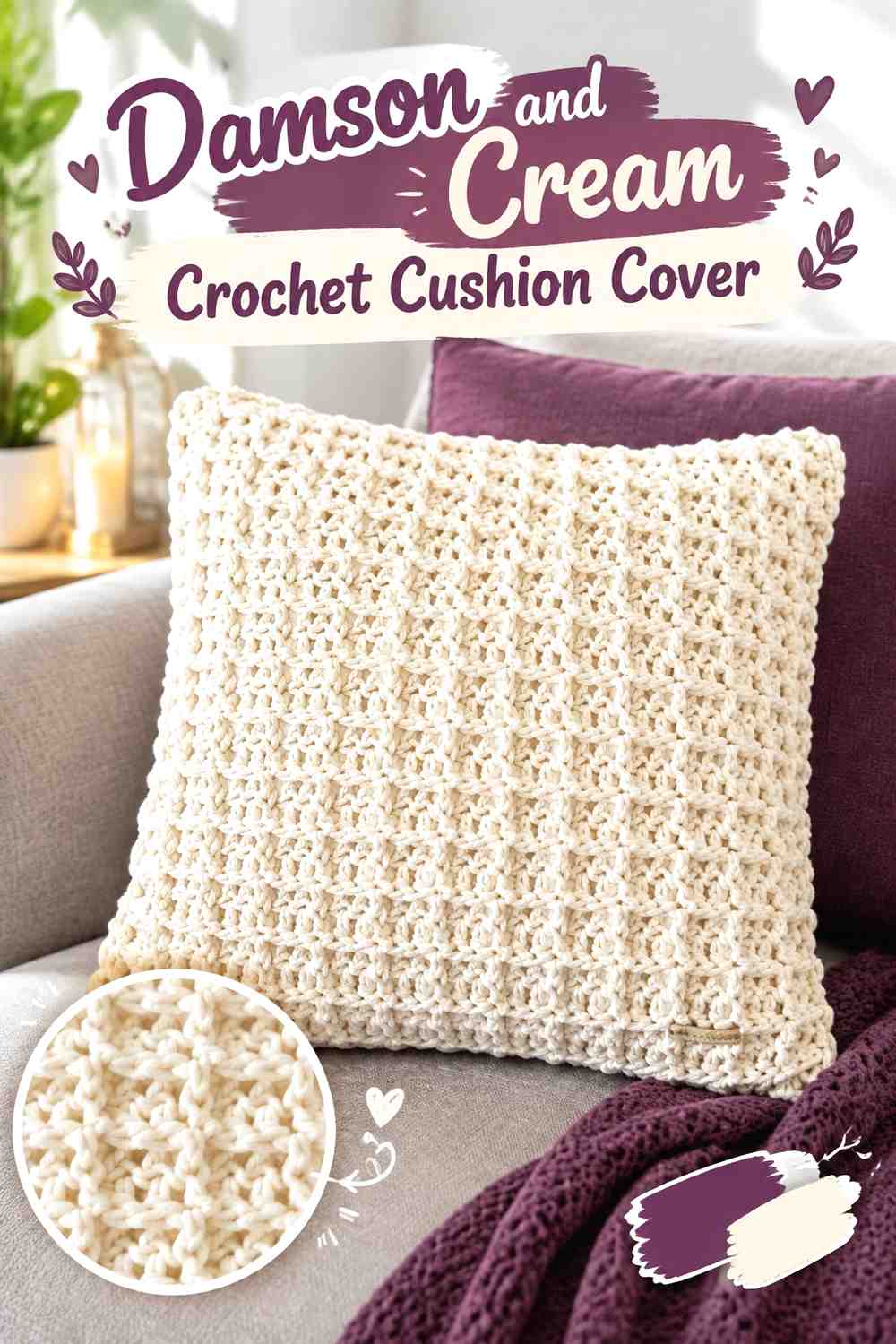 2. Damson And Cream Crochet Cushion Cover