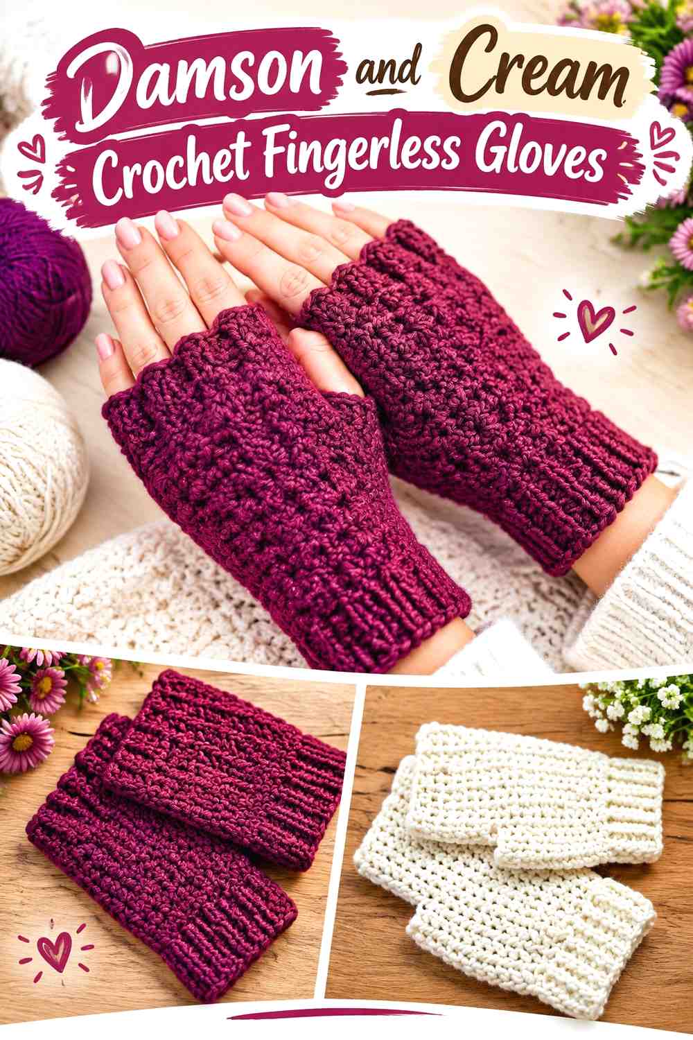 8. Damson And Cream Crochet Fingerless Gloves