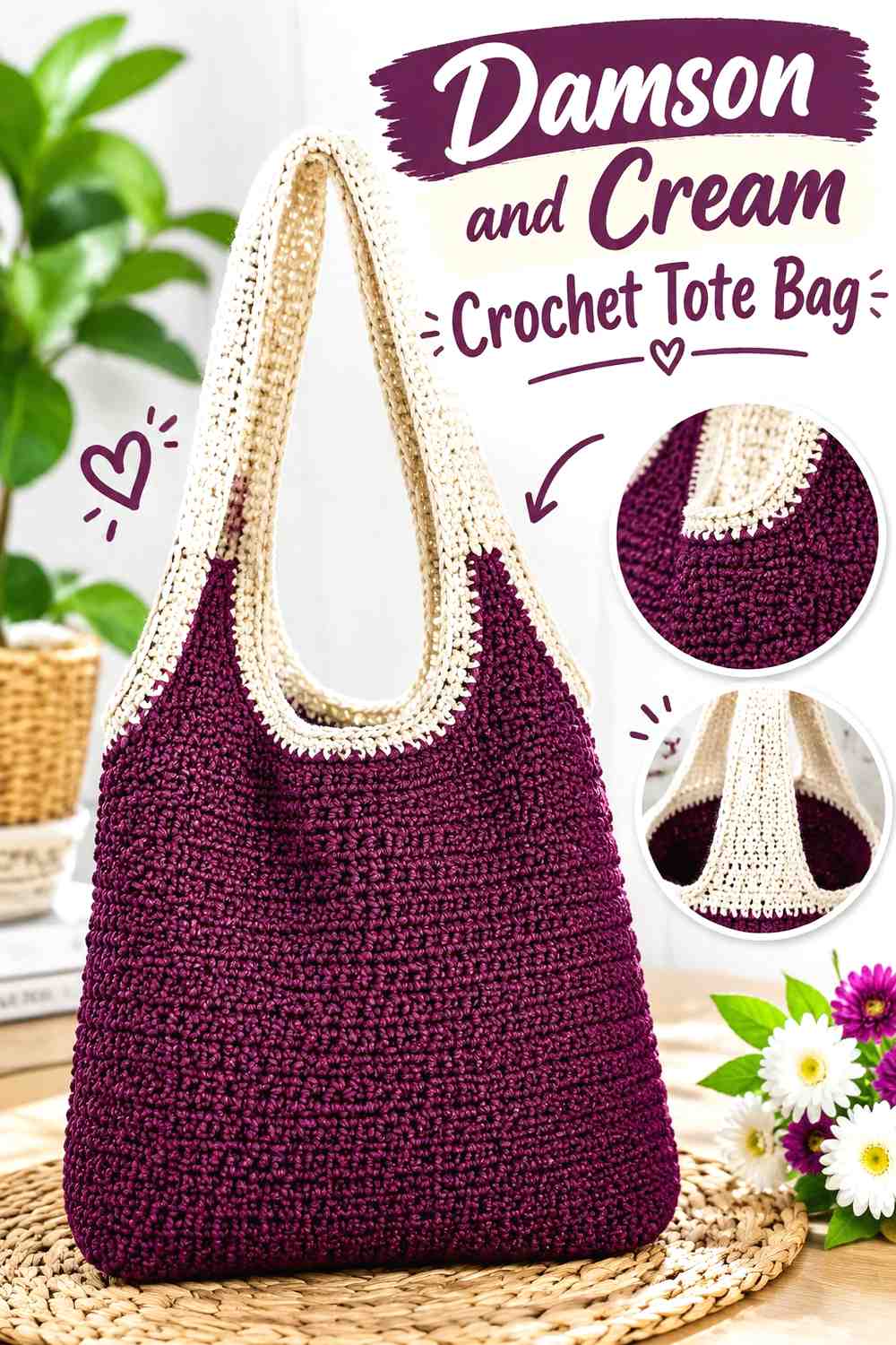 3. Damson And Cream Crochet Tote Bag