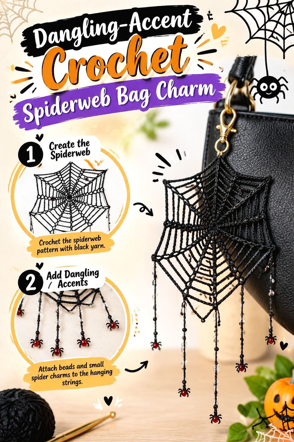 Dangling Accent Crochet Spiderweb Bag Charm