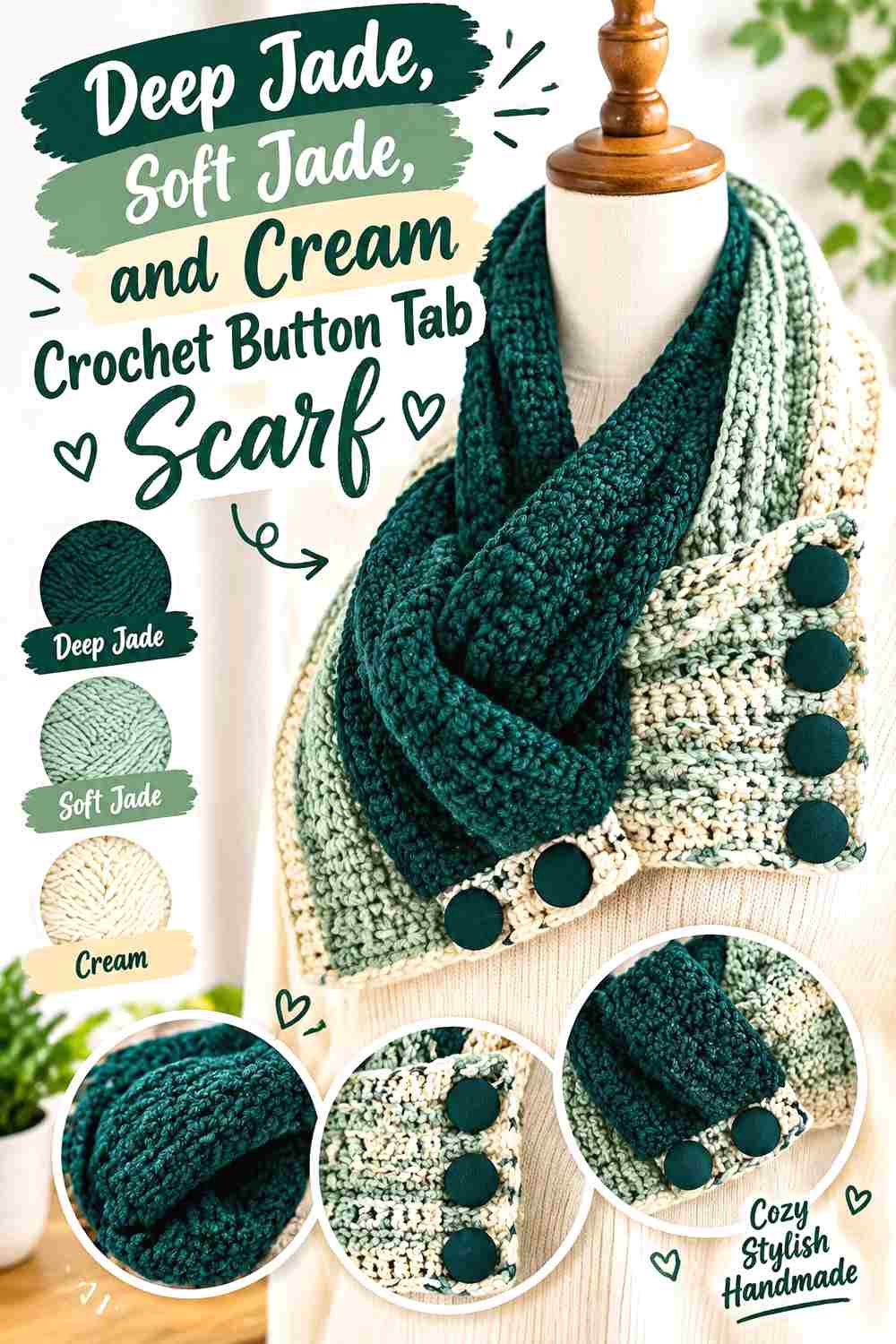 5. Deep Jade Soft Jade And Cream Crochet Button Tab Scarf