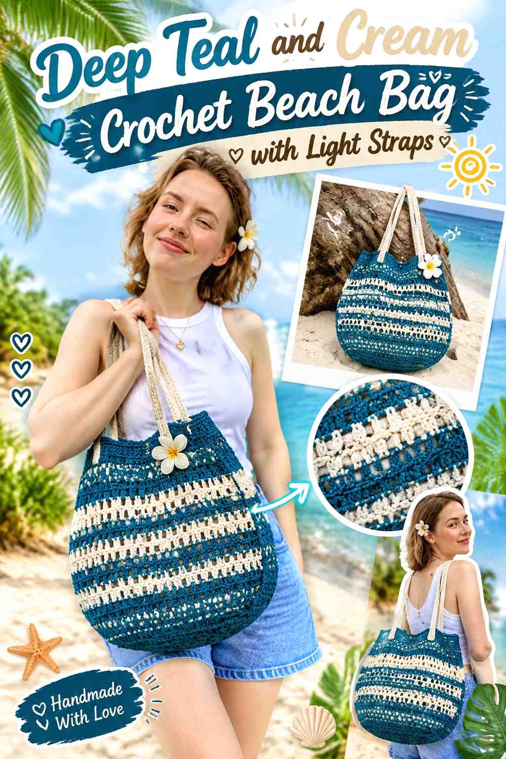 13. Deep Teal And Cream Crochet Beach Bag With Light Straps