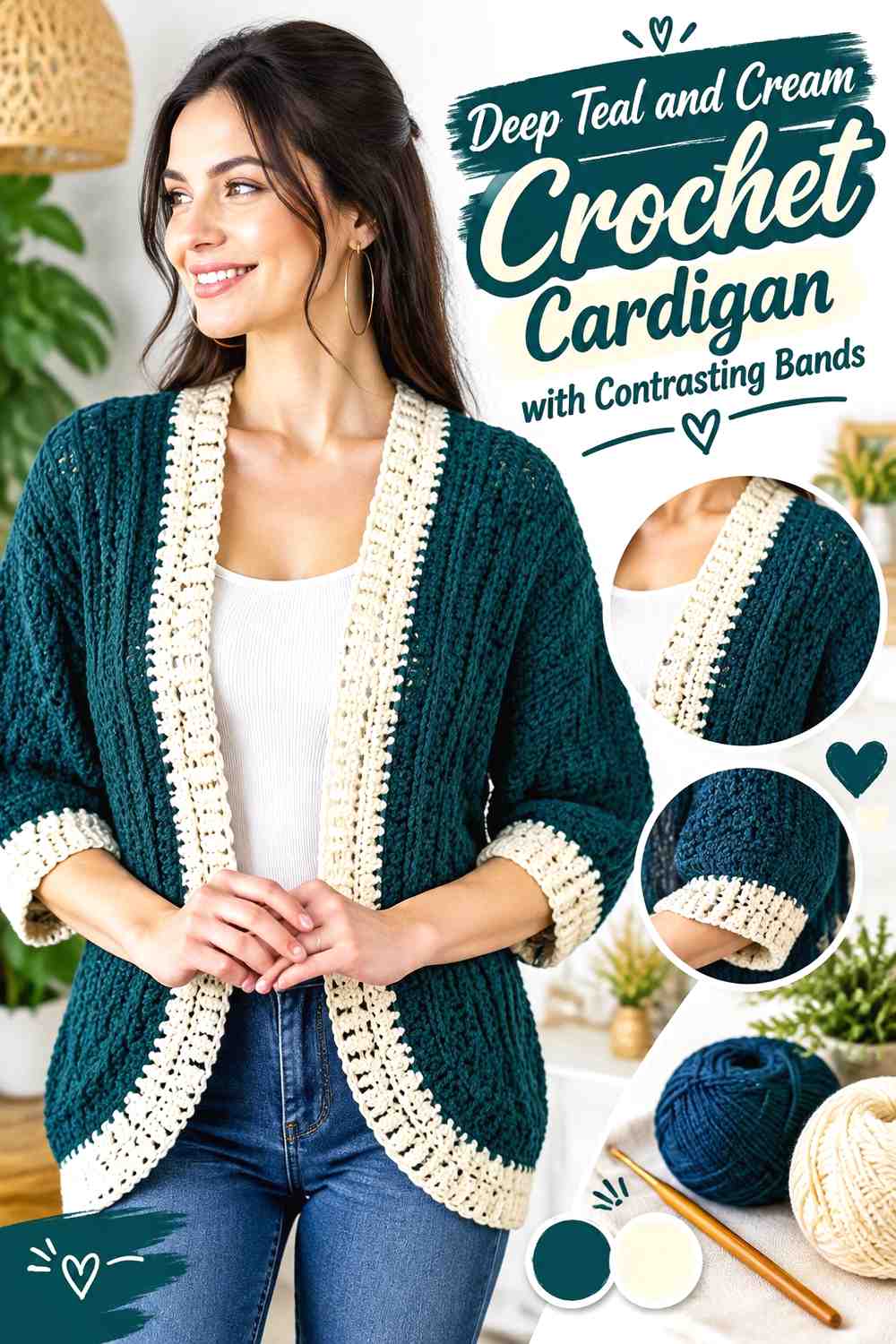 1. Deep Teal And Cream Crochet Cardigan With Contrasting Bands