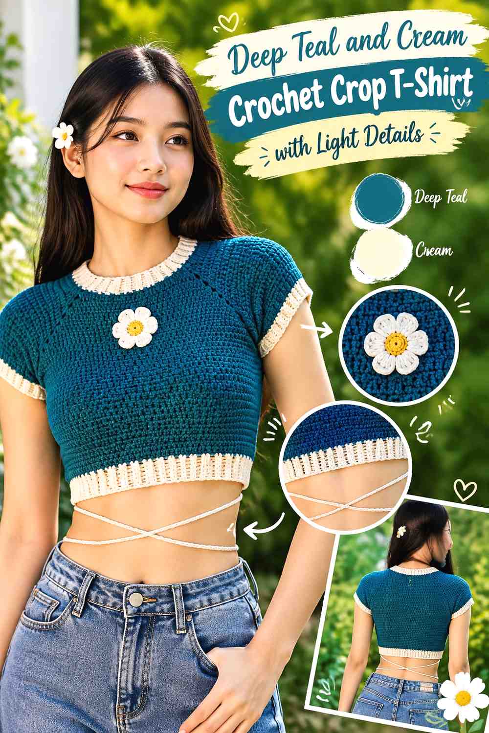 3. Deep Teal And Cream Crochet Crop T Shirt With Light Details