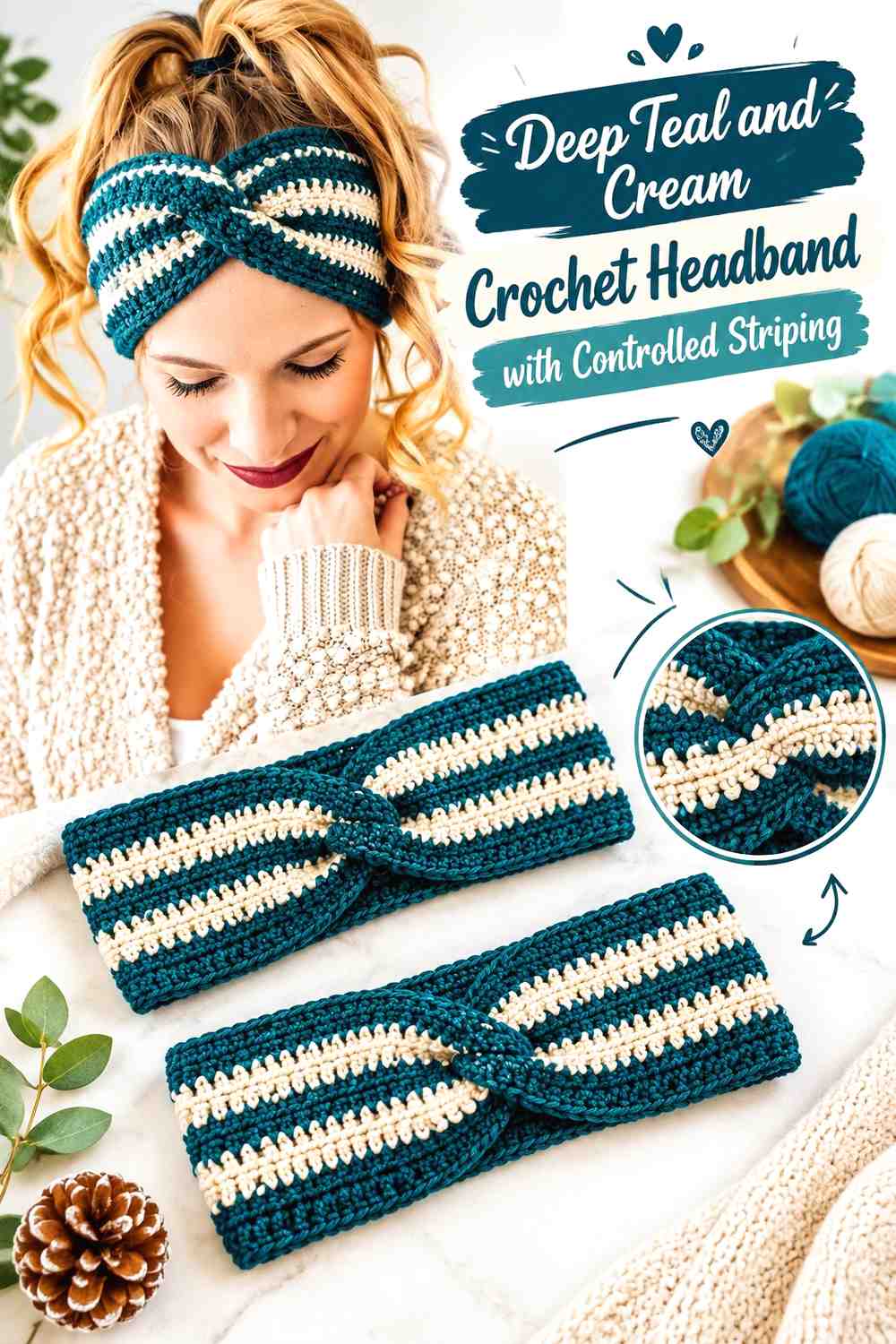 9. Deep Teal And Cream Crochet Headband With Controlled Striping