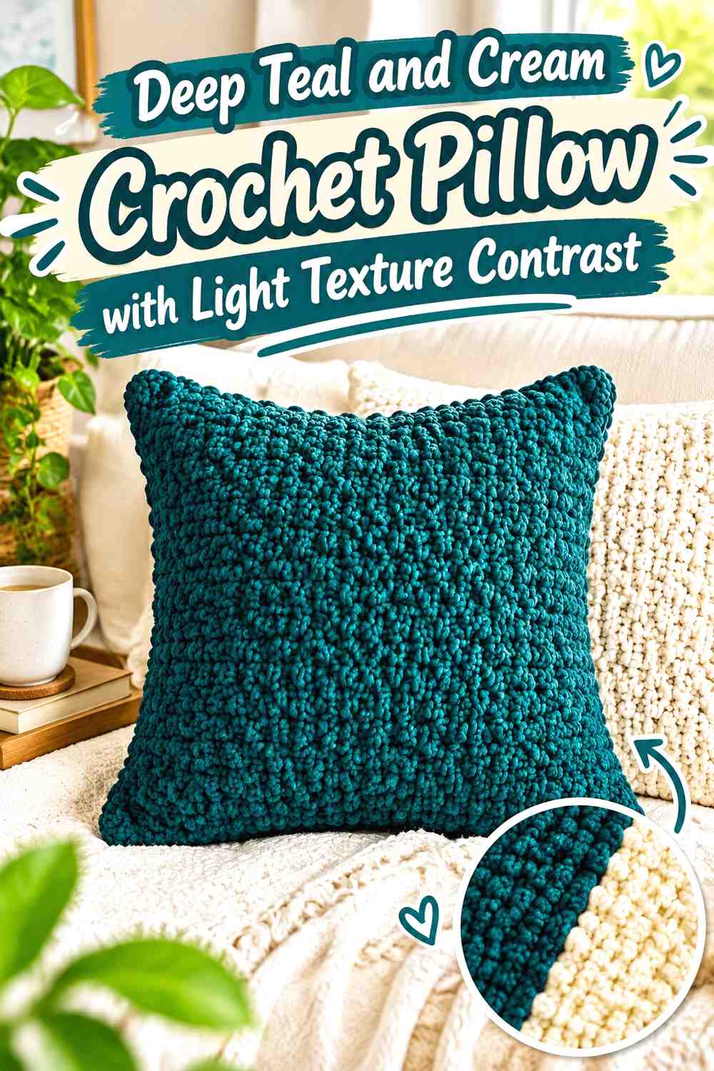 15. Deep Teal And Cream Crochet Pillow With Light Texture Contrast