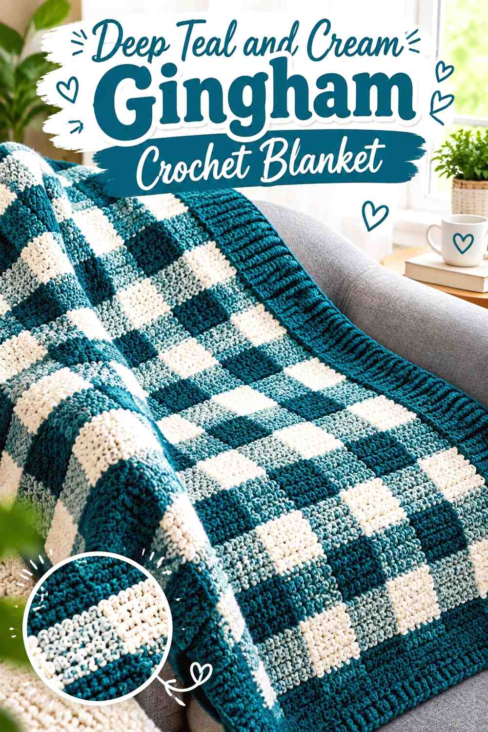 16. Deep Teal And Cream Gingham Crochet Blanket