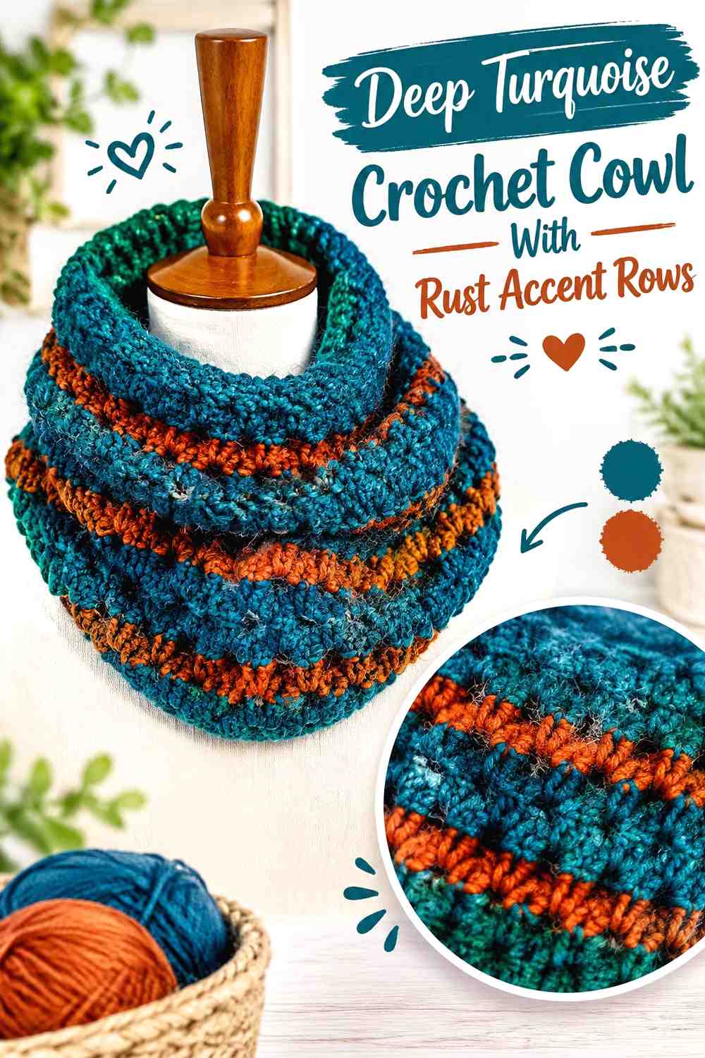 7. Deep Turquoise Crochet Cowl With Rust Accent Rows