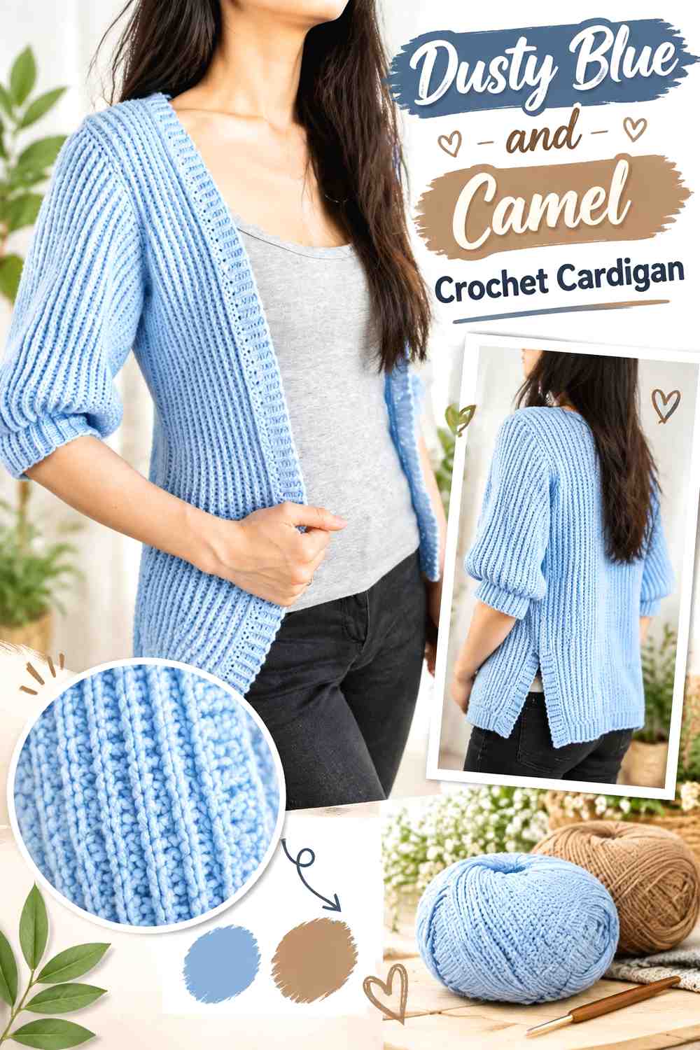 1. Dusty Blue And Camel Crochet Cardigan