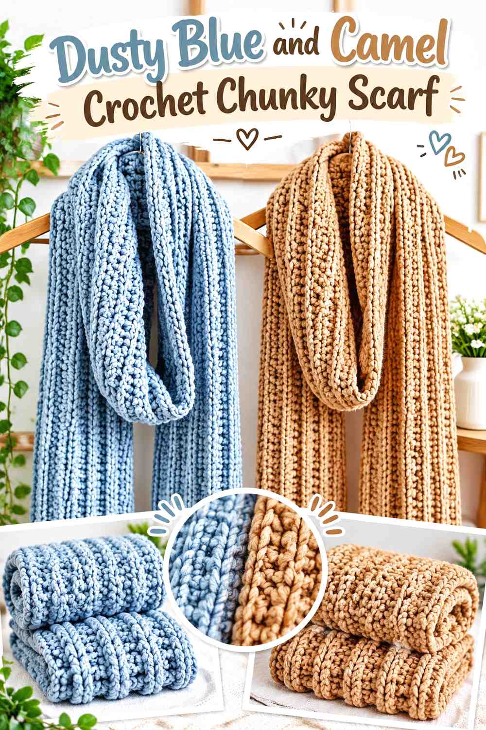 3. Dusty Blue And Camel Crochet Chunky Scarf