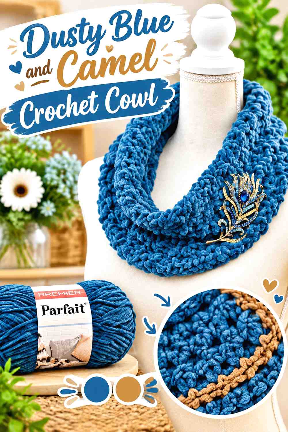 5. Dusty Blue And Camel Crochet Cowl