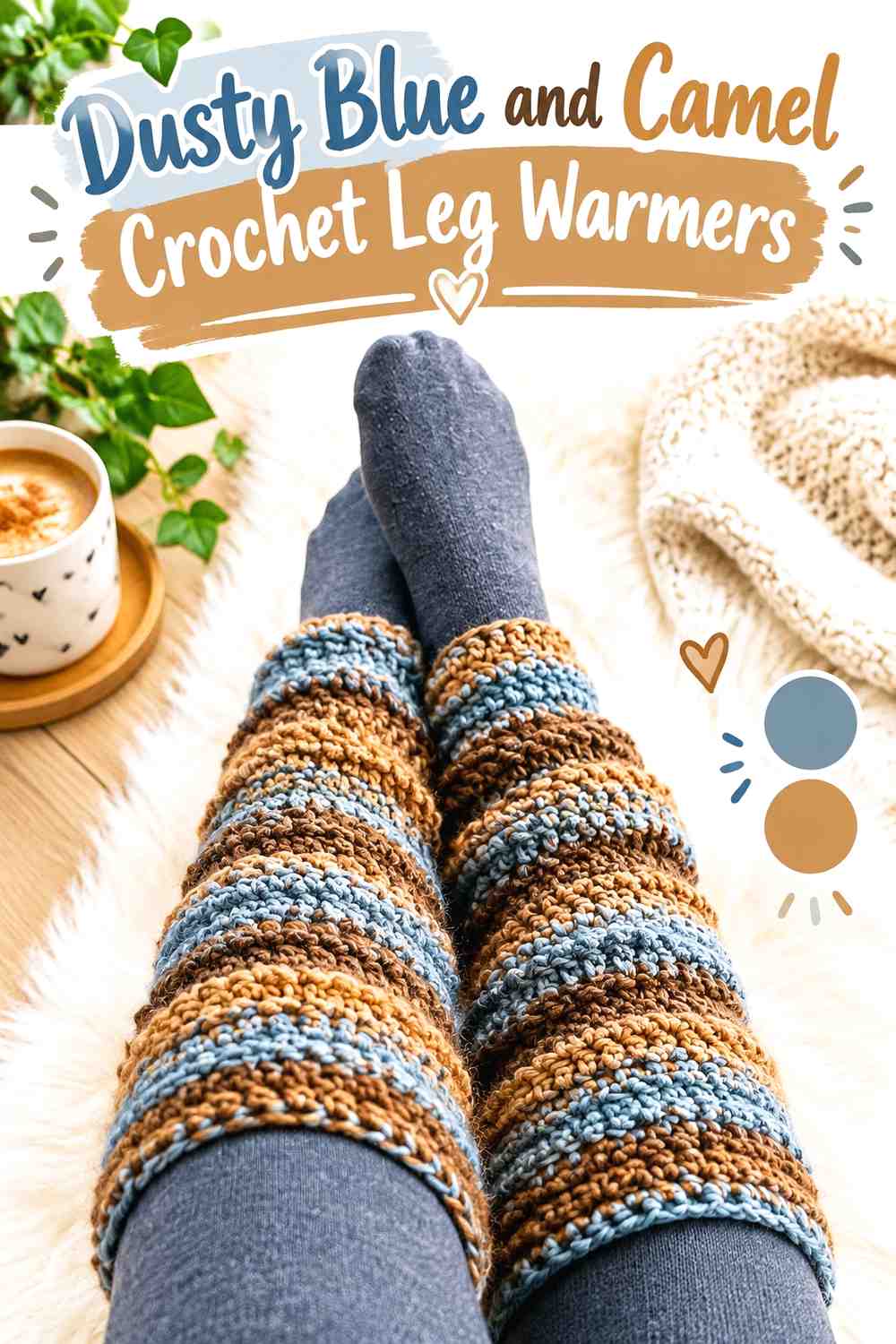 9. Dusty Blue And Camel Crochet Leg Warmers
