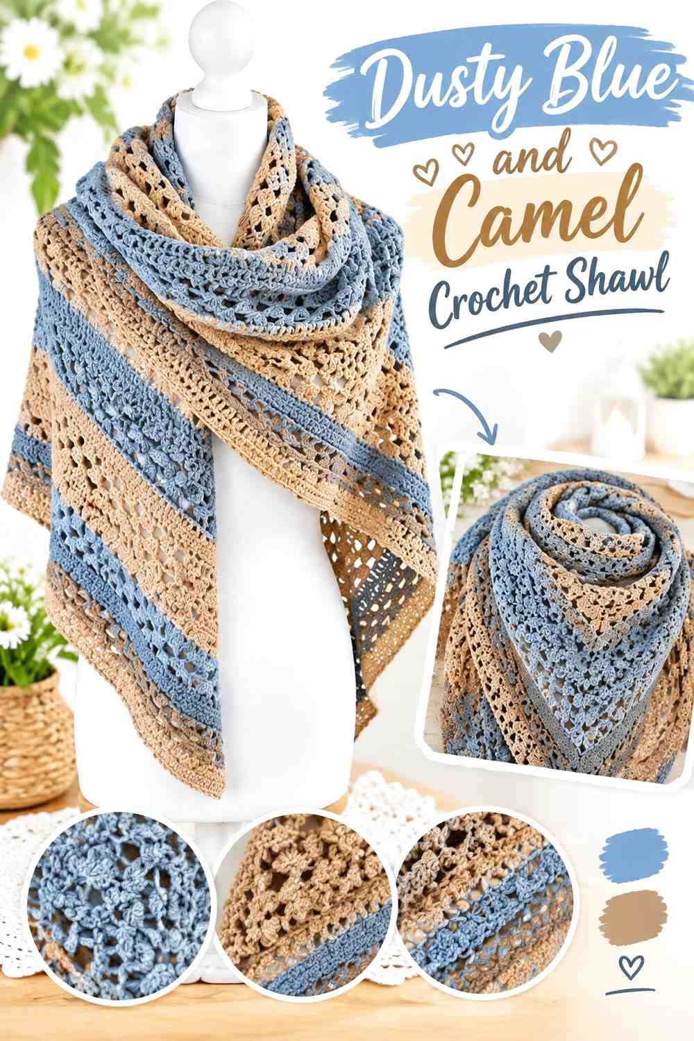 10. Dusty Blue And Camel Crochet Shawl