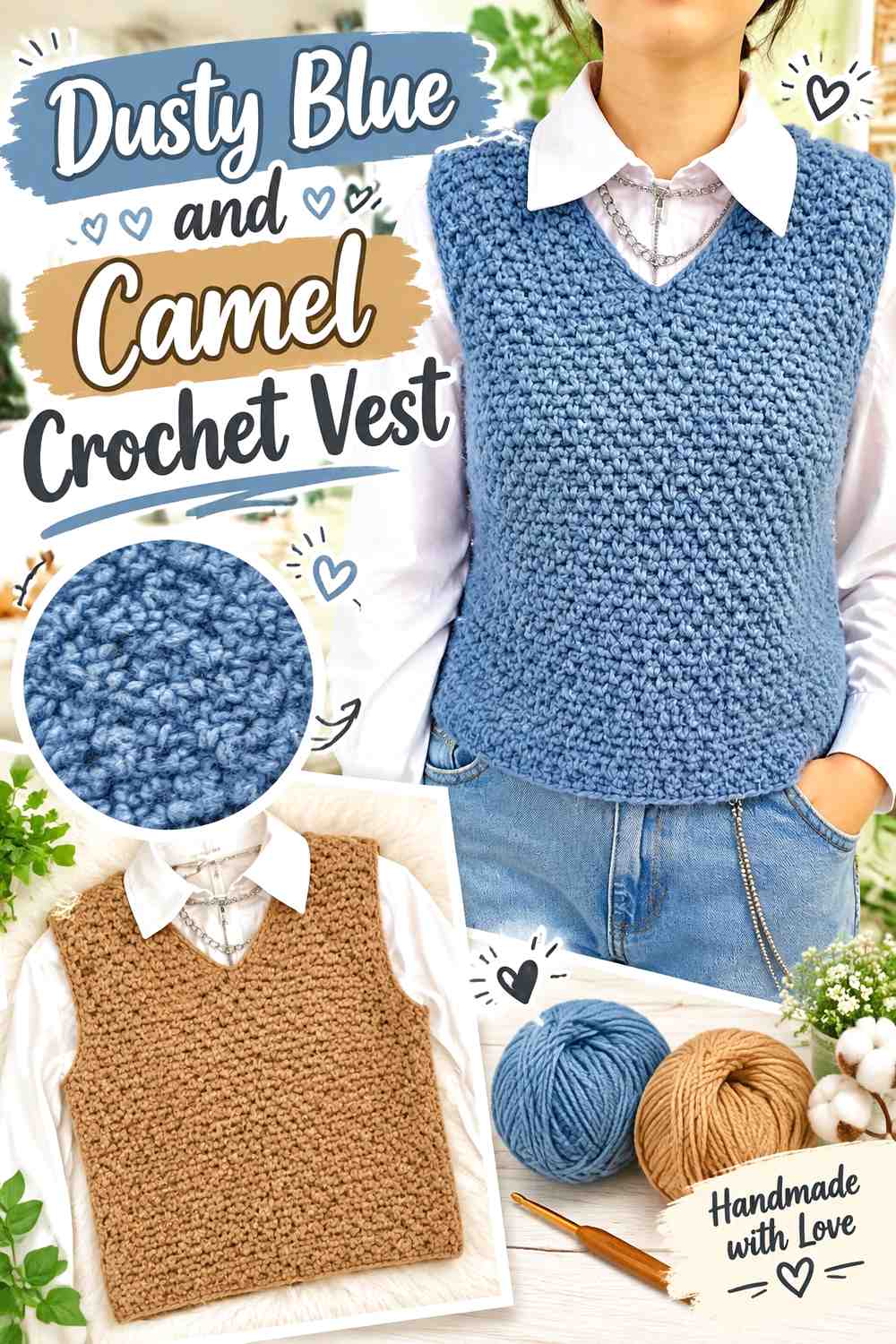 7. Dusty Blue And Camel Crochet Vest