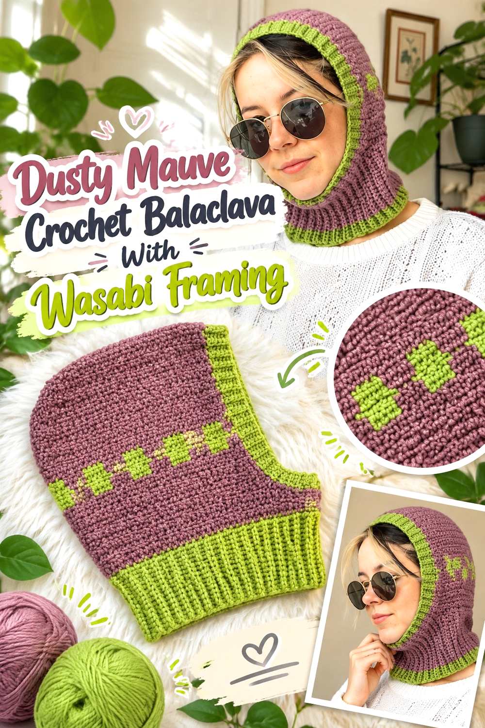 16. Dusty Mauve Crochet Balaclava With Wasabi Framing