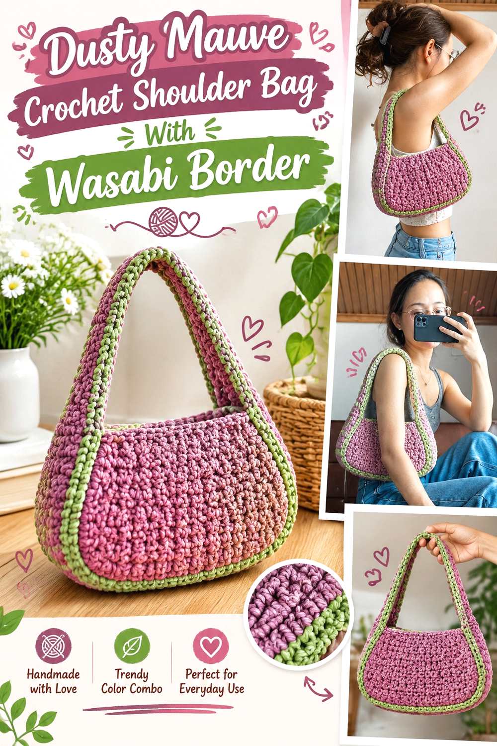 12. Dusty Mauve Crochet Shoulder Bag With Wasabi Border