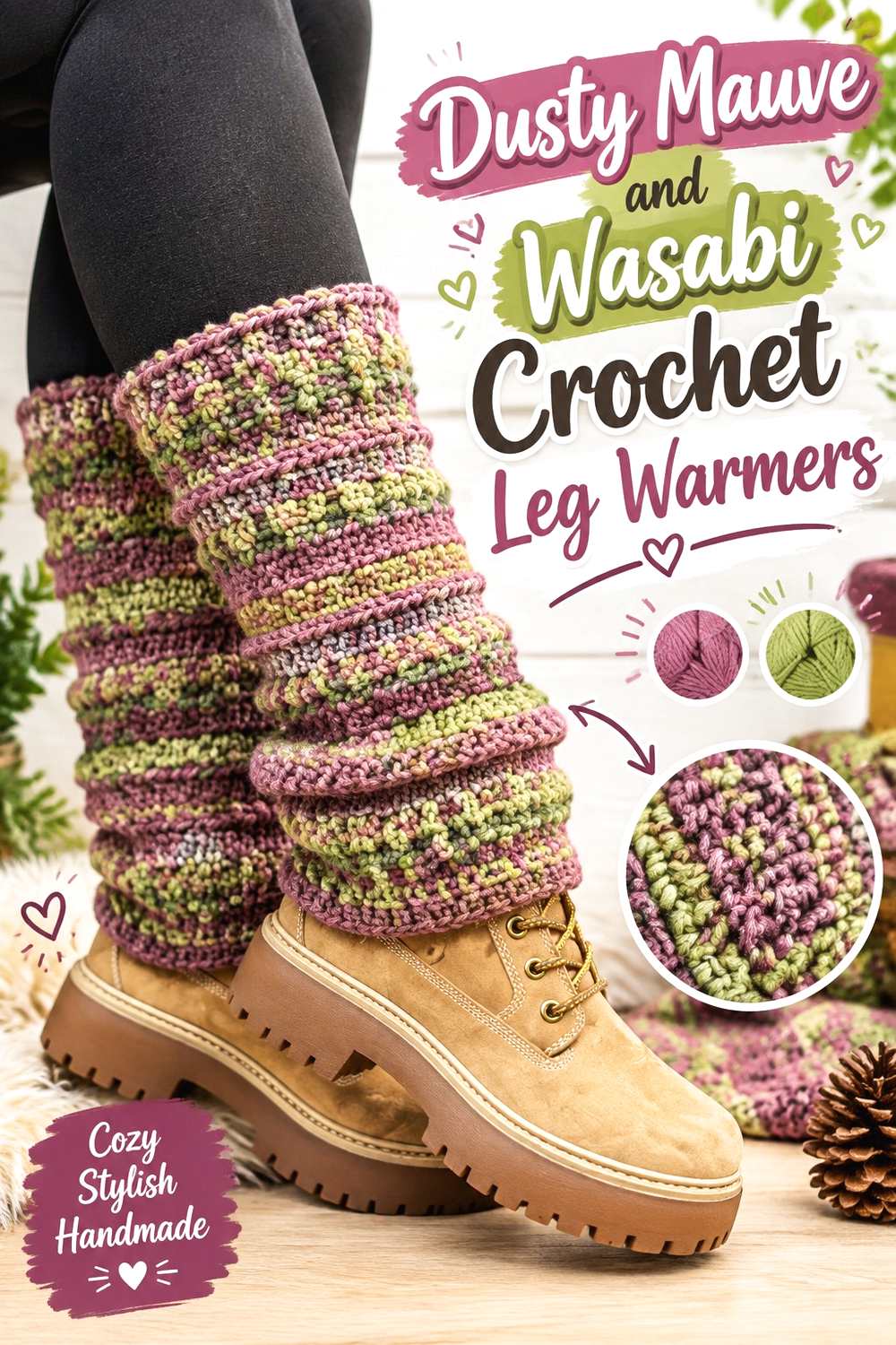 20. Dusty Mauve And Wasabi Crochet Leg Warmers