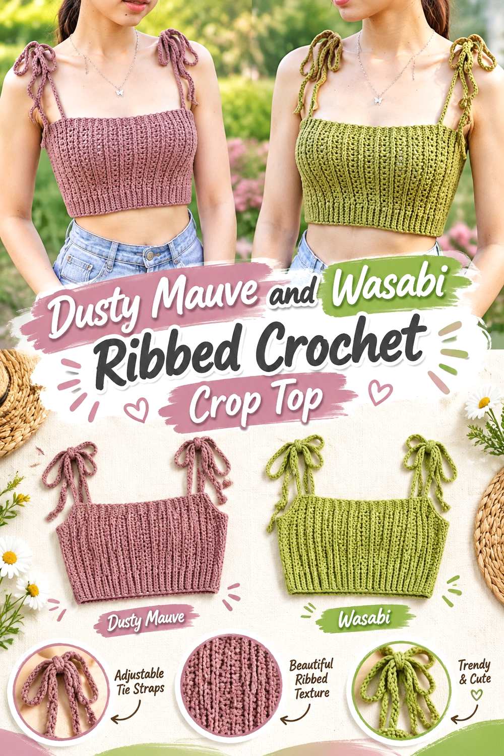 2. Dusty Mauve And Wasabi Ribbed Crochet Crop Top