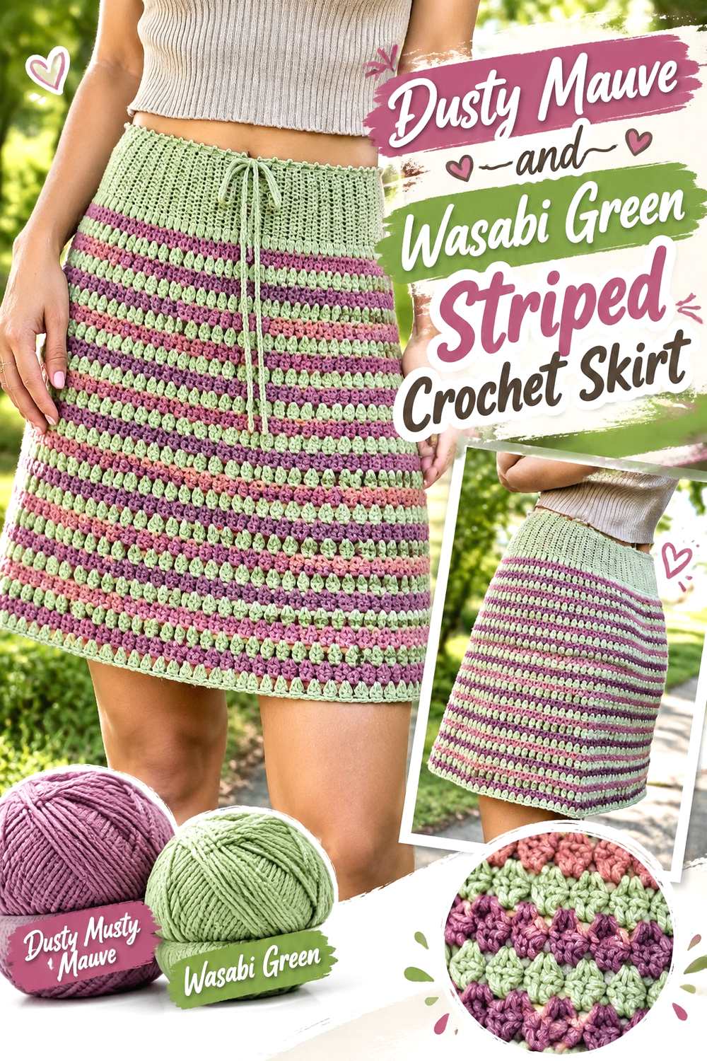 9. Dusty Mauve And Wasabi Striped Crochet Skirt