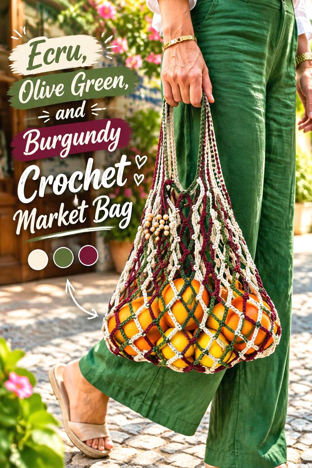 14. Ecru Olive Green And Burgundy Crochet Market Bag