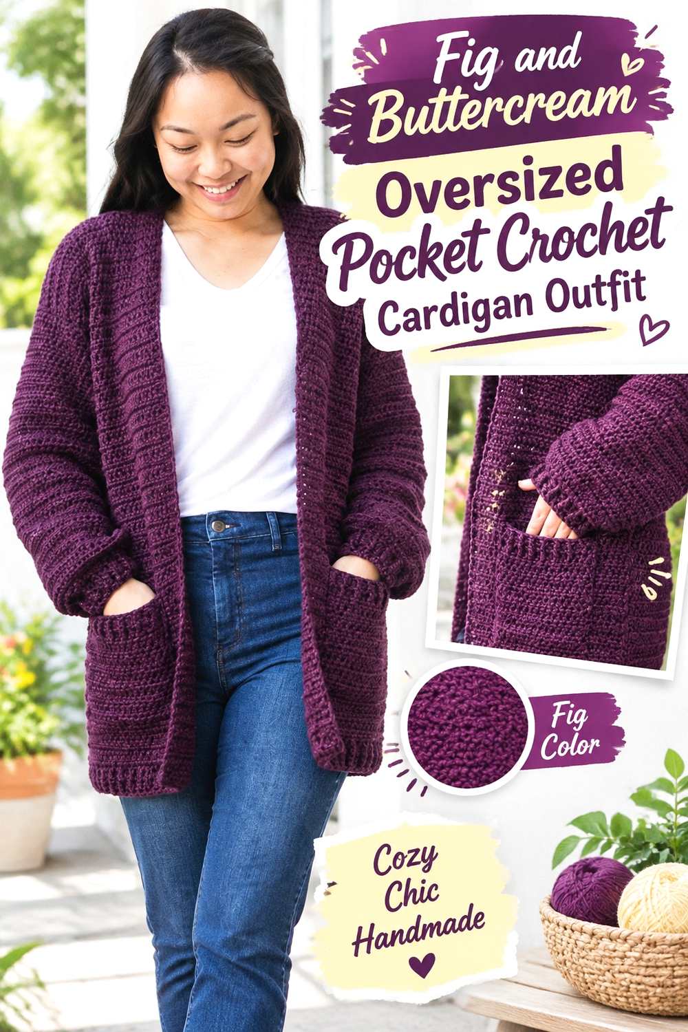 1. Fig And Buttercream Oversized Pocket Crochet Cardigan Outfit