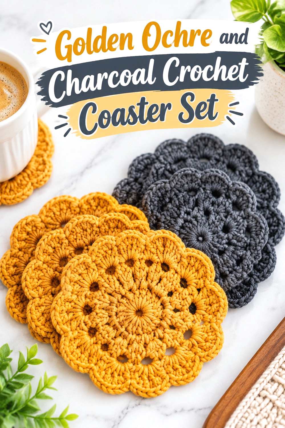 10. Golden Ochre And Charcoal Crochet Coaster Set