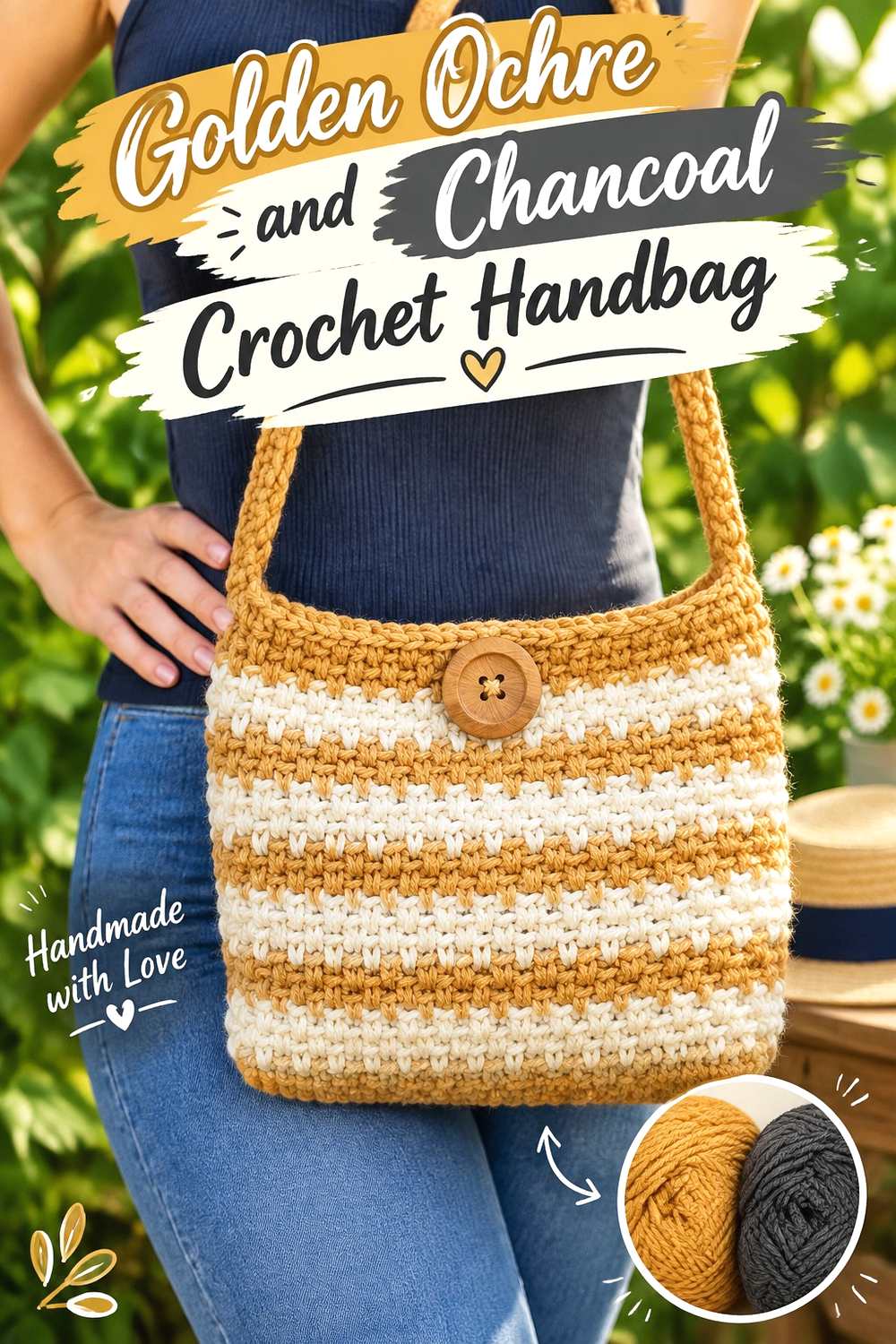 4. Golden Ochre And Charcoal Crochet Handbag