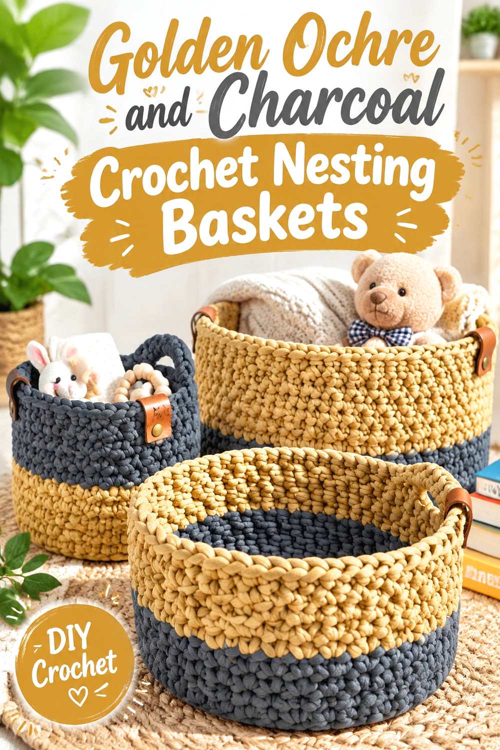 7. Golden Ochre And Charcoal Crochet Nesting Baskets