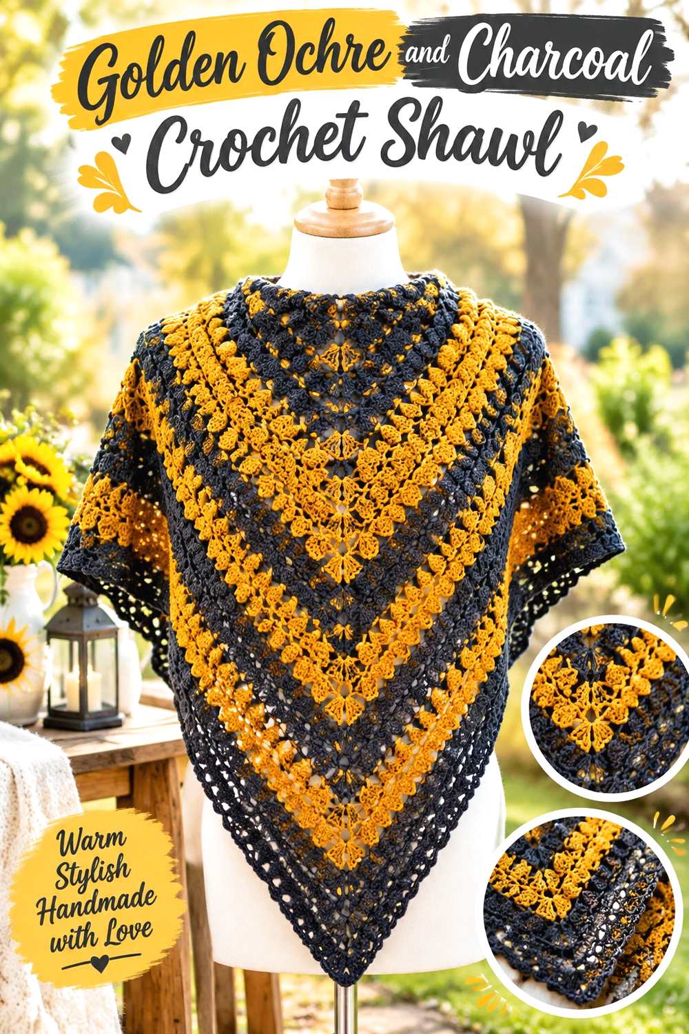 5. Golden Ochre And Charcoal Crochet Shawl