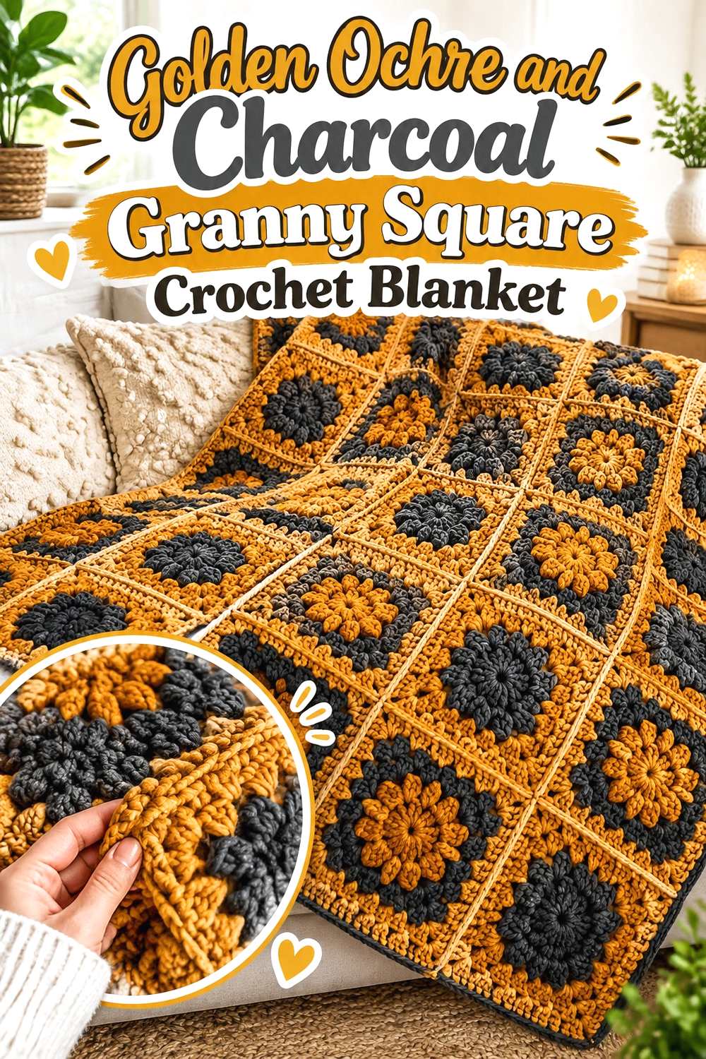 1. Golden Ochre And Charcoal Granny Square Crochet Blanket