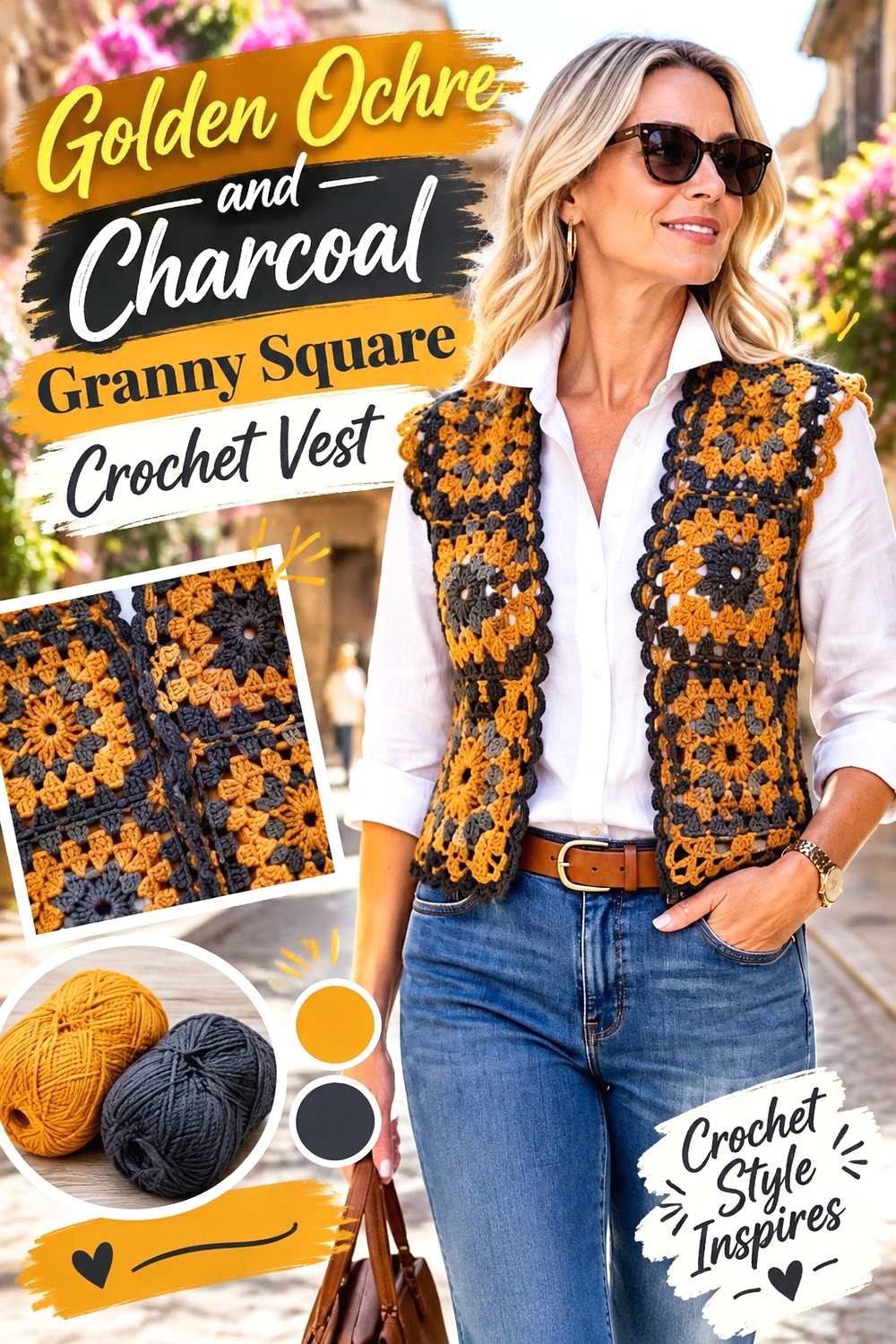 6. Golden Ochre And Charcoal Granny Square Crochet Vest