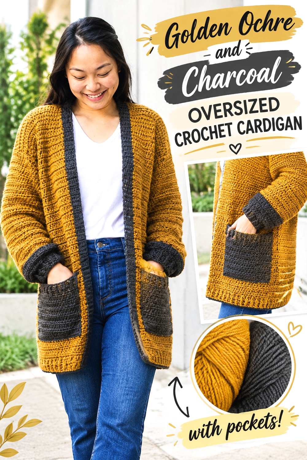 2. Golden Ochre And Charcoal Oversized Crochet Cardigan