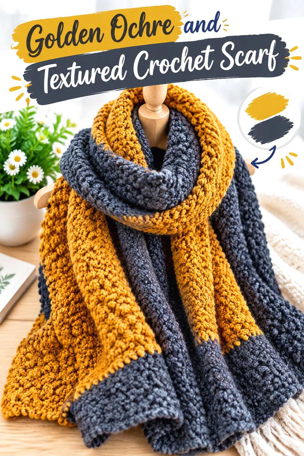 9. Golden Ochre And Charcoal Textured Crochet Scarf