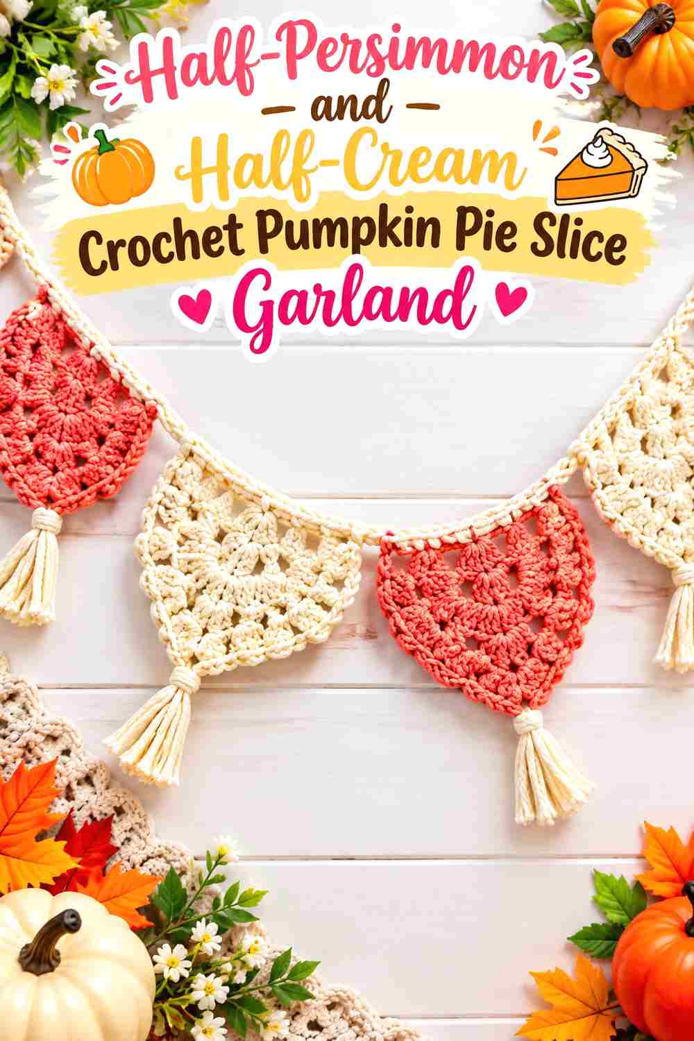 13. Half Persimmon And Half Cream Crochet Pumpkin Pie Slice Garland