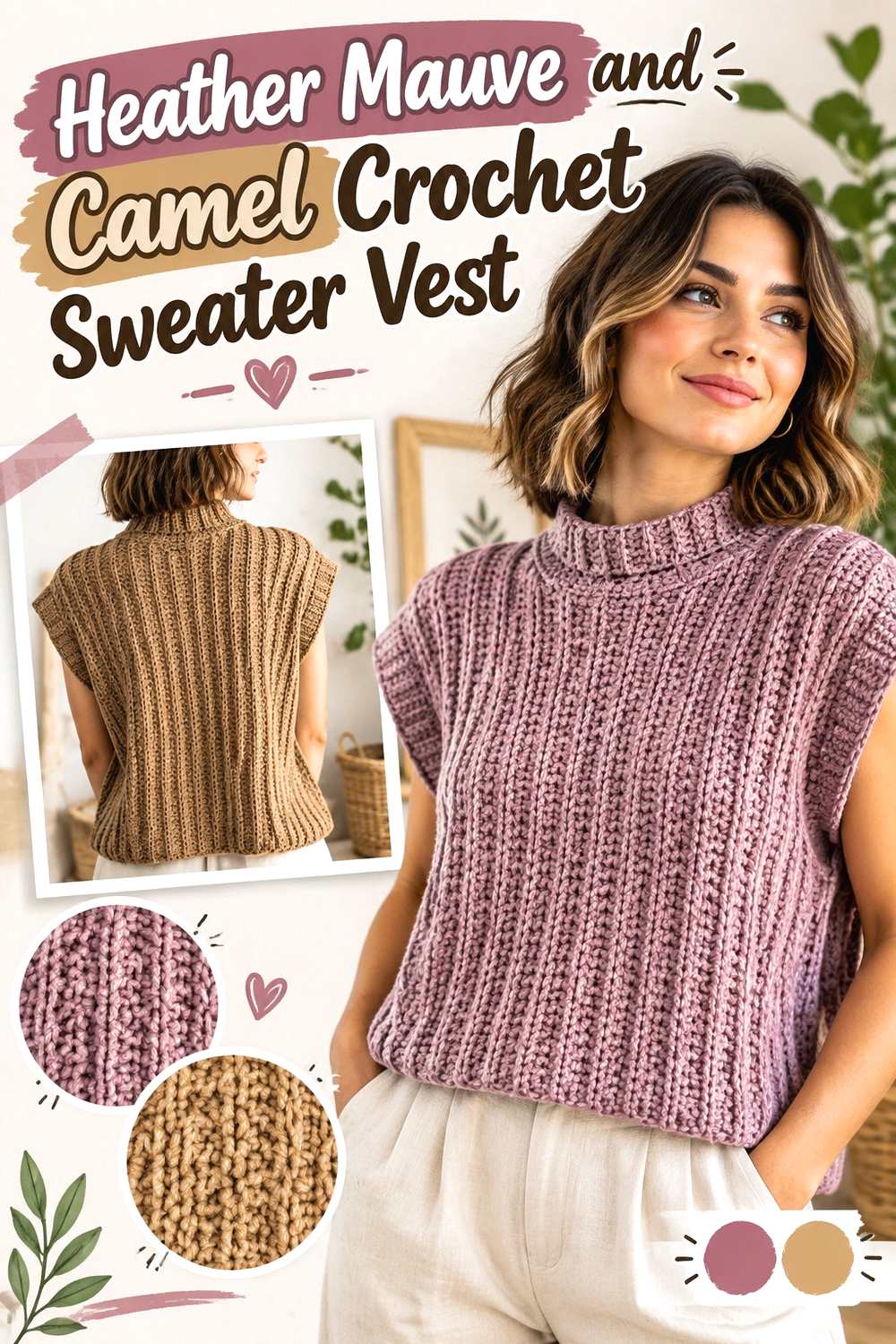3. Heather Mauve And Camel Crochet Sweater Vest