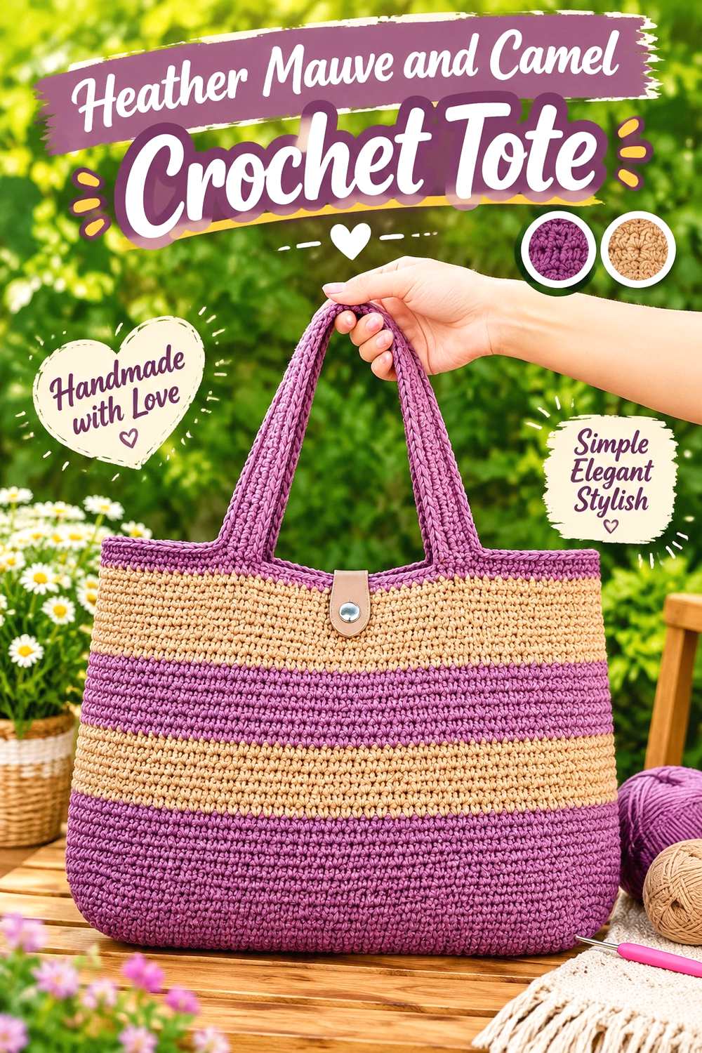 7. Heather Mauve And Camel Crochet Tote
