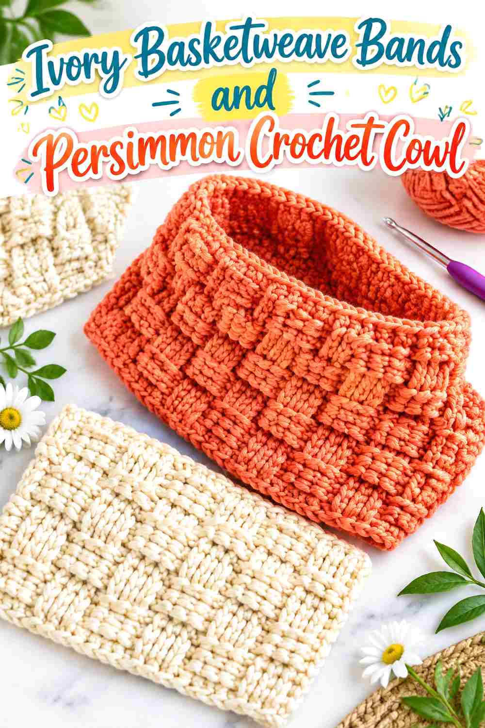 8. Ivory Basketweave Bands And Persimmon Crochet Cowl