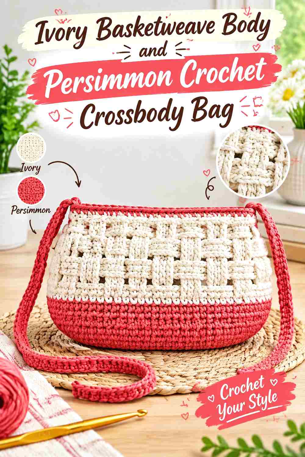 6. Ivory Basketweave Body And Persimmon Crochet Crossbody Bag