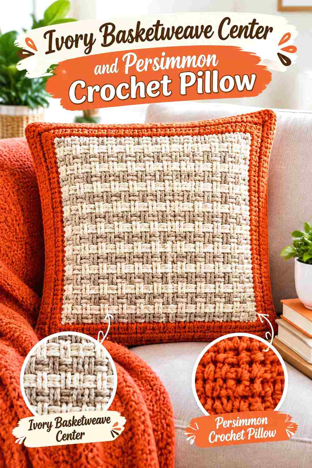 2. Ivory Basketweave Center And Persimmon Crochet Pillow