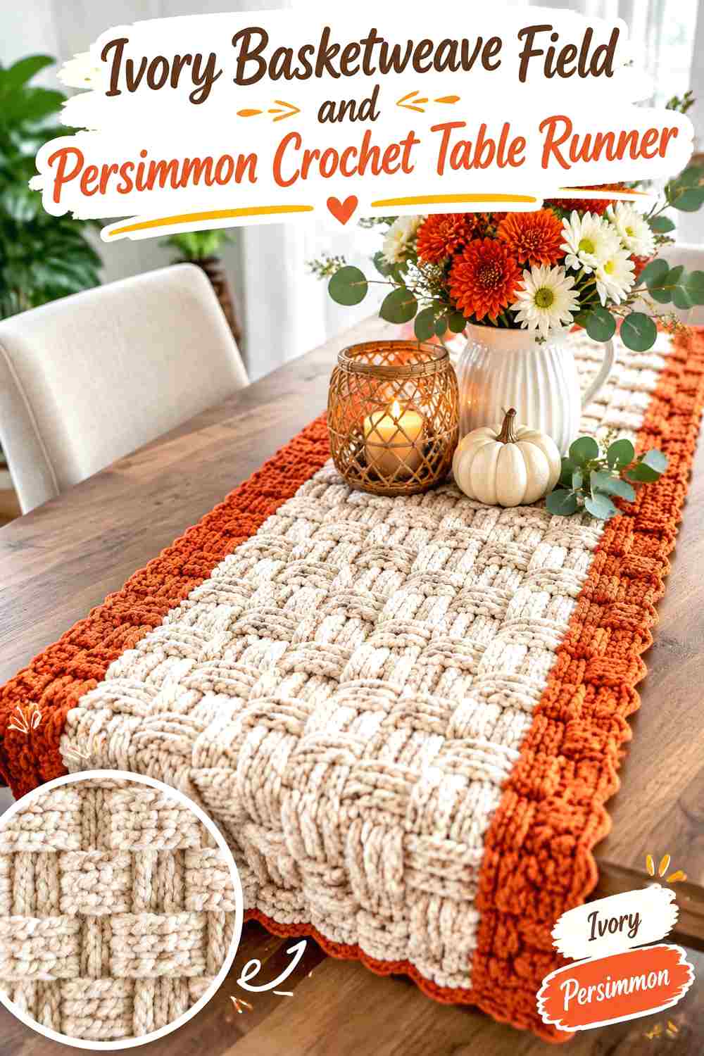 12. Ivory Basketweave Field And Persimmon Crochet Table Runner