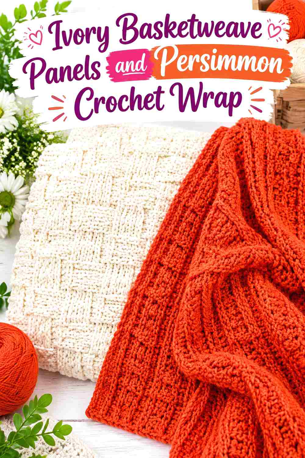 14. Ivory Basketweave Panels And Persimmon Crochet Wrap