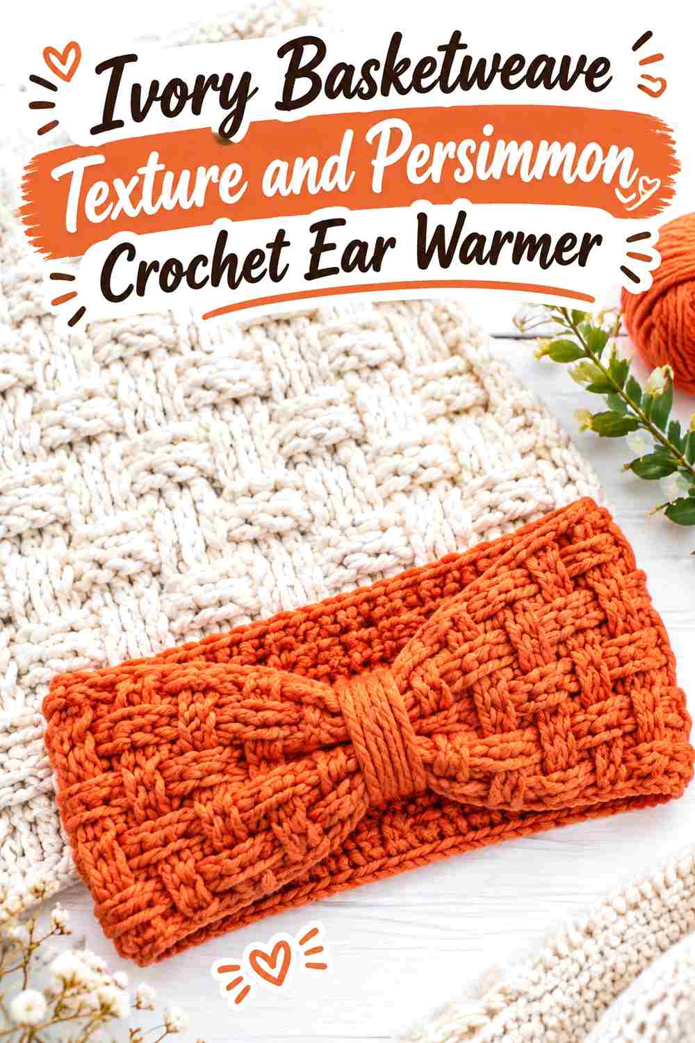 10. Ivory Basketweave Texture And Persimmon Crochet Ear Warmer