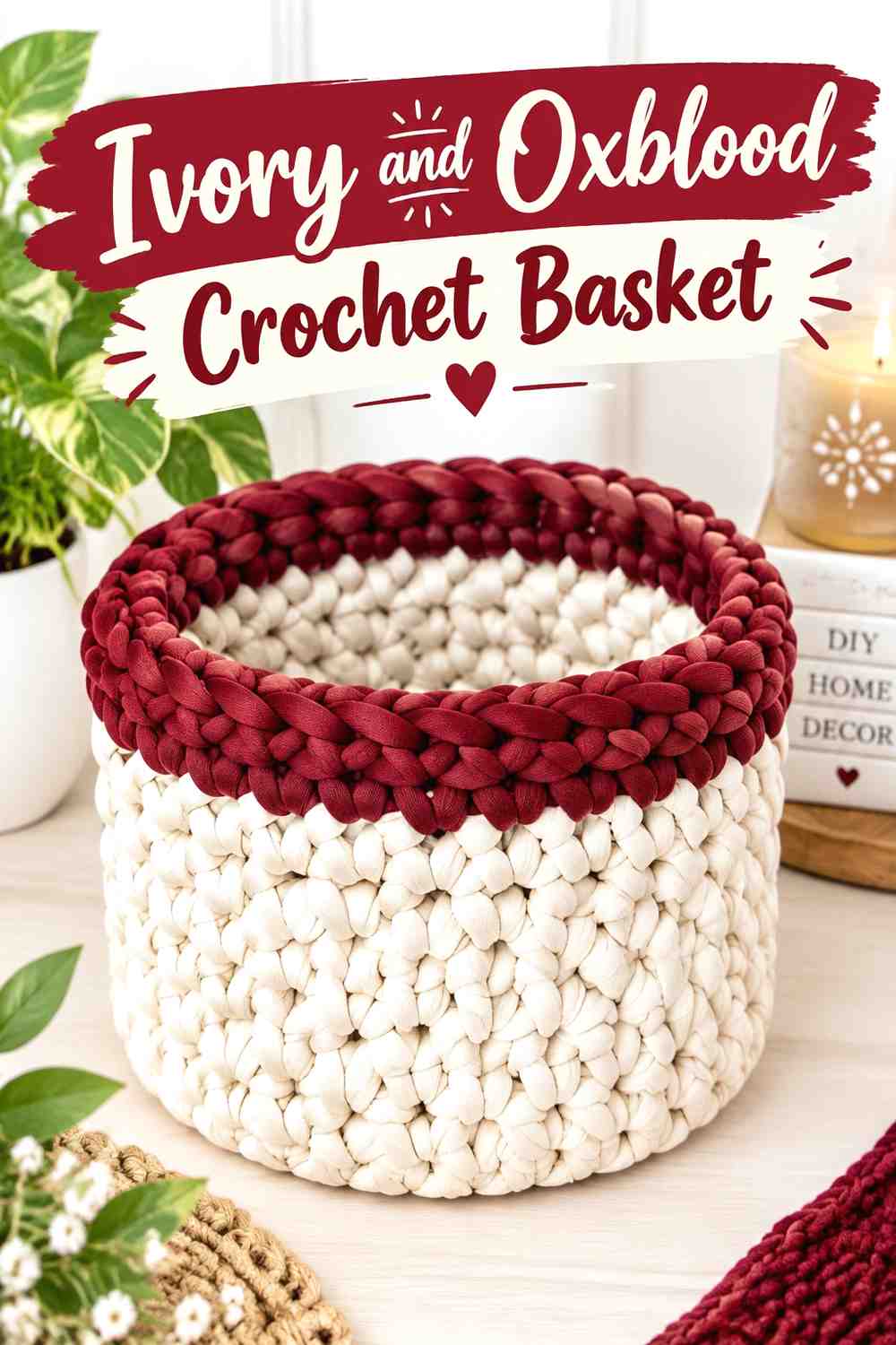 14. Ivory And Oxblood Crochet Basket