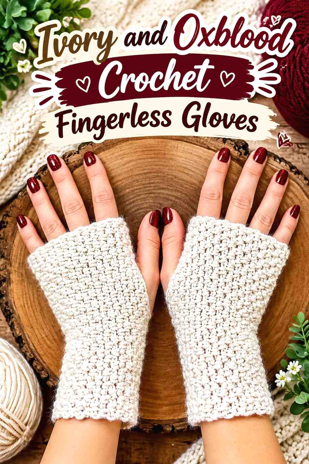 12. Ivory And Oxblood Crochet Fingerless Gloves